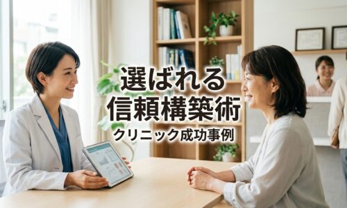 温かい日本のクリニックで医師が患者と信頼関係に基づいた共感的な診察を行い、背景には明るく歓迎的な待合室と患者の証言が飾られた壁が見える患者中心の医療空間