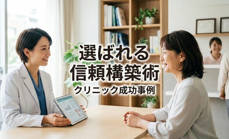 温かい日本のクリニックで医師が患者と信頼関係に基づいた共感的な診察を行い、背景には明るく歓迎的な待合室と患者の証言が飾られた壁が見える患者中心の医療空間