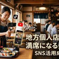 地方の日本人レストランオーナーがスマートフォンで料理の撮影をしながらSNSコンテンツを制作し、背景には満席の店内で顧客が食事を楽しむ様子
