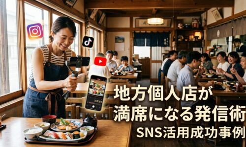 地方の日本人レストランオーナーがスマートフォンで料理の撮影をしながらSNSコンテンツを制作し、背景には満席の店内で顧客が食事を楽しむ様子