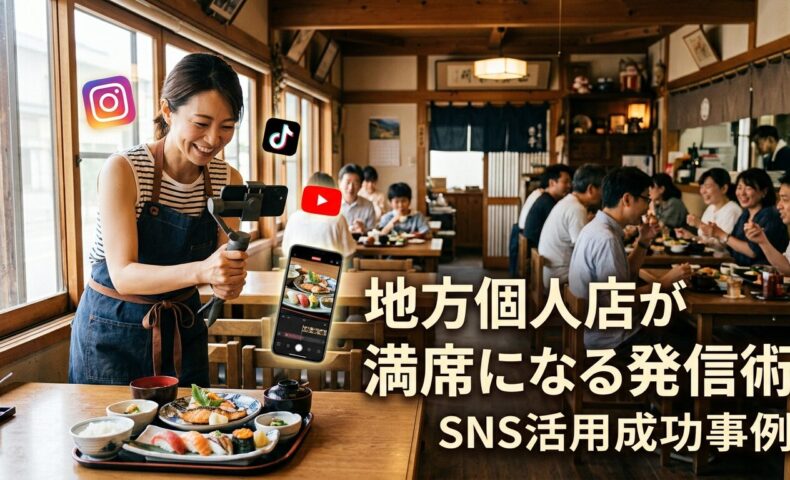 地方の日本人レストランオーナーがスマートフォンで料理の撮影をしながらSNSコンテンツを制作し、背景には満席の店内で顧客が食事を楽しむ様子