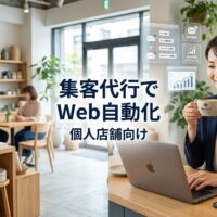個人店舗の日本人オーナーがノートパソコンで自動化されたWebマーケティングダッシュボードを確認しながらリラックスした様子と、明るく現代的な店舗内観