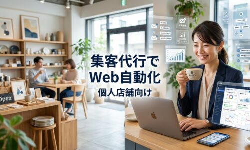 個人店舗の日本人オーナーがノートパソコンで自動化されたWebマーケティングダッシュボードを確認しながらリラックスした様子と、明るく現代的な店舗内観
