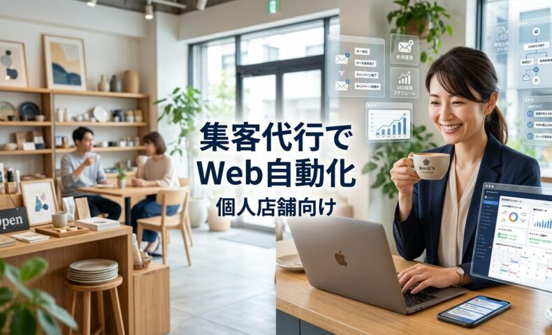 個人店舗の日本人オーナーがノートパソコンで自動化されたWebマーケティングダッシュボードを確認しながらリラックスした様子と、明るく現代的な店舗内観