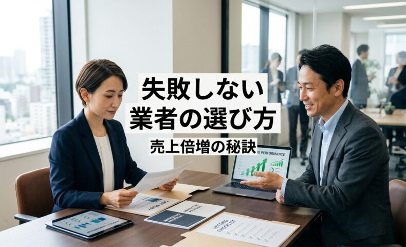 日本人ビジネスオーナーがマーケティングコンサルタントと成長グラフや提案書類を確認しながら、優良なマーケティング代理店を慎重に評価している様子