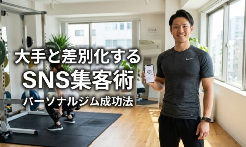 パーソナルジムの日本人トレーナーがスマートフォンでSNSマーケティングを活用している様子と、背景でトレーニング中のクライアント