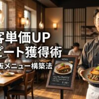 日本人シェフがプレミアムな看板料理を提示し、背景には満足した顧客が食事を楽しむ上質なレストラン内観