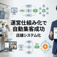 現代的でよく整理された店舗で日本人経営者がノートパソコンで自動化されたビジネスシステムダッシュボードを確認しながらリラックスした様子と、背景にはスムーズに運営される店舗内と顧客が見える効率的な運営環境