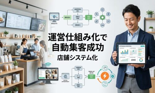 現代的でよく整理された店舗で日本人経営者がノートパソコンで自動化されたビジネスシステムダッシュボードを確認しながらリラックスした様子と、背景にはスムーズに運営される店舗内と顧客が見える効率的な運営環境