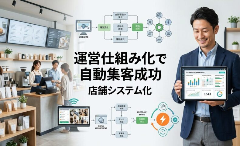 現代的でよく整理された店舗で日本人経営者がノートパソコンで自動化されたビジネスシステムダッシュボードを確認しながらリラックスした様子と、背景にはスムーズに運営される店舗内と顧客が見える効率的な運営環境