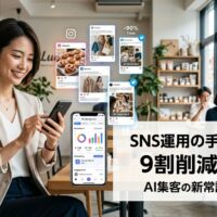 店舗オーナーがスマートフォンでAI自動化されたSNS運用ツールを使用し、複数のSNS投稿が自動生成されている様子と明るい店舗内観