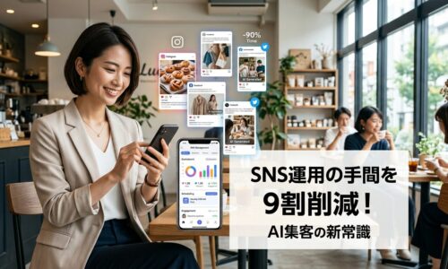 店舗オーナーがスマートフォンでAI自動化されたSNS運用ツールを使用し、複数のSNS投稿が自動生成されている様子と明るい店舗内観