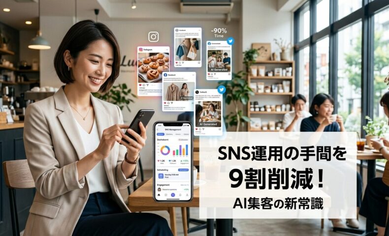 店舗オーナーがスマートフォンでAI自動化されたSNS運用ツールを使用し、複数のSNS投稿が自動生成されている様子と明るい店舗内観