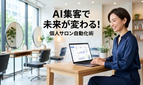 個人サロンの日本人オーナーがノートパソコンでAIマーケティング自動化ツールを活用している様子と、明るく清潔感のあるサロン内観