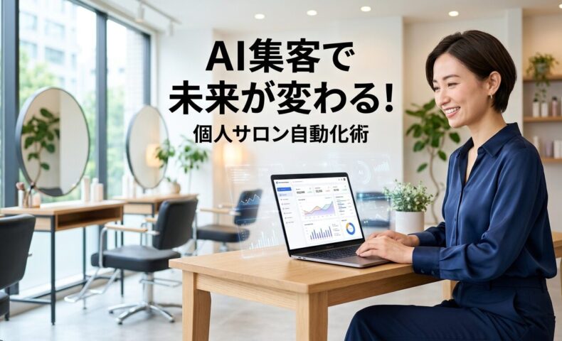 個人サロンの日本人オーナーがノートパソコンでAIマーケティング自動化ツールを活用している様子と、明るく清潔感のあるサロン内観
