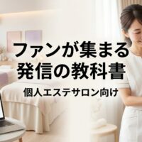 個人エステサロンで日本人エステティシャンが女性クライアントと優しくカウンセリングし、背景にはタブレットでWeb発信を行う穏やかなサロン空間
