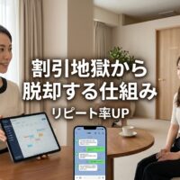 個人エステサロンでプロフェッショナルなエステティシャンが女性クライアントとタブレットやLINEを使って丁寧なカウンセリングと予約管理を行う高級感のあるサロン空間