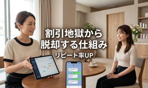 個人エステサロンでプロフェッショナルなエステティシャンが女性クライアントとタブレットやLINEを使って丁寧なカウンセリングと予約管理を行う高級感のあるサロン空間