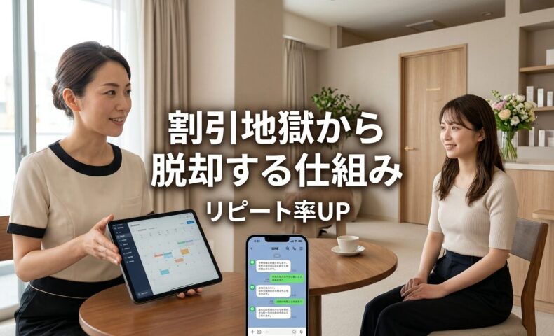 個人エステサロンでプロフェッショナルなエステティシャンが女性クライアントとタブレットやLINEを使って丁寧なカウンセリングと予約管理を行う高級感のあるサロン空間