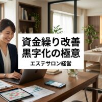 現代的なエステサロンオフィスで日本人女性オーナーがノートパソコンで右肩上がりのキャッシュフローグラフと利益チャートを確認し、自信に満ちた表情で財務安定を示す様子