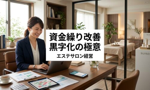 現代的なエステサロンオフィスで日本人女性オーナーがノートパソコンで右肩上がりのキャッシュフローグラフと利益チャートを確認し、自信に満ちた表情で財務安定を示す様子