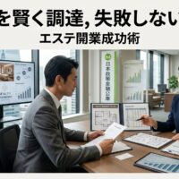 プロフェッショナルなビジネス相談室で日本人女性起業家が銀行アドバイザーと事業計画書や融資書類を確認しながら、エステサロン開業のための資金調達相談をしている様子