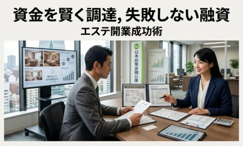 プロフェッショナルなビジネス相談室で日本人女性起業家が銀行アドバイザーと事業計画書や融資書類を確認しながら、エステサロン開業のための資金調達相談をしている様子
