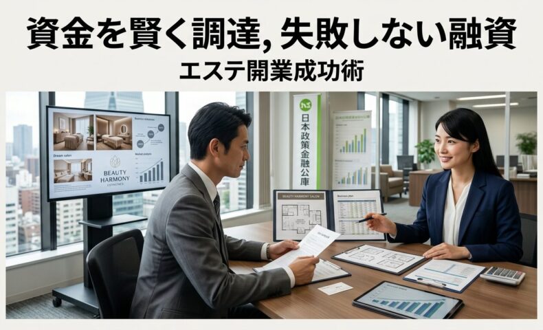 プロフェッショナルなビジネス相談室で日本人女性起業家が銀行アドバイザーと事業計画書や融資書類を確認しながら、エステサロン開業のための資金調達相談をしている様子