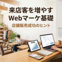明るい日本の小売店またはカフェで親しみやすい店舗オーナーがノートパソコンで初心者向けWebマーケティングダッシュボードを確認し、背景には自然光の入る歓迎的な店舗内装と買い物を楽しむ顧客が見える様子