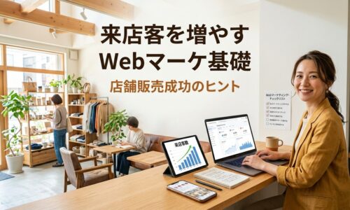 明るい日本の小売店またはカフェで親しみやすい店舗オーナーがノートパソコンで初心者向けWebマーケティングダッシュボードを確認し、背景には自然光の入る歓迎的な店舗内装と買い物を楽しむ顧客が見える様子