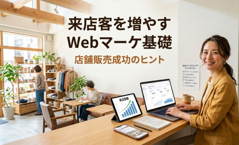 明るい日本の小売店またはカフェで親しみやすい店舗オーナーがノートパソコンで初心者向けWebマーケティングダッシュボードを確認し、背景には自然光の入る歓迎的な店舗内装と買い物を楽しむ顧客が見える様子