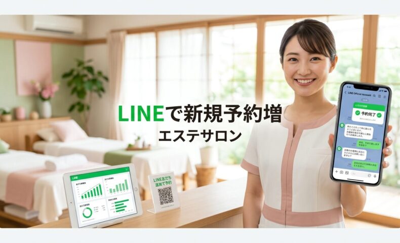 明るいエステサロンで日本人エステティシャンがスマートフォンでLINE公式アカウントの予約チャット画面を確認し、背景には柔らかいパステルカラーと白いリネンのトリートメントベッドがある穏やかで美しいサロン内装が見える様子