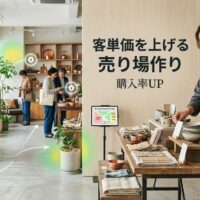 美しくデザインされた日本のブティック小売店でクリエイティブな店舗オーナーが魅力的な商品ディスプレイを配置し、背景には戦略的な商品配置と色調和された陳列、買い物を楽しむ顧客が見える洗練された売り場環境の様子