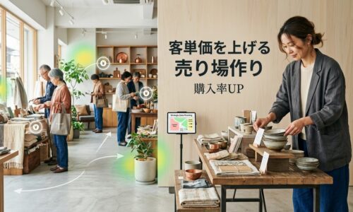 美しくデザインされた日本のブティック小売店でクリエイティブな店舗オーナーが魅力的な商品ディスプレイを配置し、背景には戦略的な商品配置と色調和された陳列、買い物を楽しむ顧客が見える洗練された売り場環境の様子