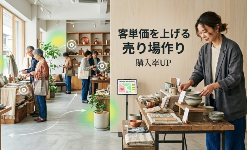 美しくデザインされた日本のブティック小売店でクリエイティブな店舗オーナーが魅力的な商品ディスプレイを配置し、背景には戦略的な商品配置と色調和された陳列、買い物を楽しむ顧客が見える洗練された売り場環境の様子