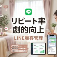 穏やかなエステサロンで日本人エステティシャンがスマートフォンでLINE公式アカウントの顧客管理画面を確認しながら個別のフォローアップメッセージを送信し、背景には柔らかい照明とパステルカラーの落ち着いたトリートメントルームが見える丁寧な顧客関係構築の様子