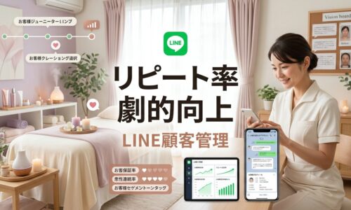 穏やかなエステサロンで日本人エステティシャンがスマートフォンでLINE公式アカウントの顧客管理画面を確認しながら個別のフォローアップメッセージを送信し、背景には柔らかい照明とパステルカラーの落ち着いたトリートメントルームが見える丁寧な顧客関係構築の様子