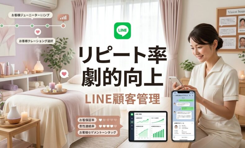 穏やかなエステサロンで日本人エステティシャンがスマートフォンでLINE公式アカウントの顧客管理画面を確認しながら個別のフォローアップメッセージを送信し、背景には柔らかい照明とパステルカラーの落ち着いたトリートメントルームが見える丁寧な顧客関係構築の様子