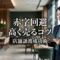 洗練された現代的な日本のレストランで自信に満ちた経営者がスタイリッシュなビジネス服装でタブレットの事業評価書類を確認し、背景には温かい木のアクセントとエレガントな照明の高級レストラン内装が見える戦略的なビジネス売却の様子