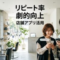 表参道スタイルの洗練された東京の美容室でトレンディなスタイリストと顧客がスマートフォンの美容室予約アプリを確認し、背景にはミニマリストなモダンデザインと大きな窓の高級サロン内装が見えるデジタル顧客エンゲージメントの様子