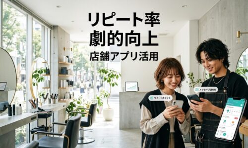 表参道スタイルの洗練された東京の美容室でトレンディなスタイリストと顧客がスマートフォンの美容室予約アプリを確認し、背景にはミニマリストなモダンデザインと大きな窓の高級サロン内装が見えるデジタル顧客エンゲージメントの様子