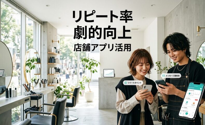 表参道スタイルの洗練された東京の美容室でトレンディなスタイリストと顧客がスマートフォンの美容室予約アプリを確認し、背景にはミニマリストなモダンデザインと大きな窓の高級サロン内装が見えるデジタル顧客エンゲージメントの様子