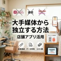 温かみのある地域の美容室で自信に満ちたサロンオーナーがスマートフォンで自店専用の予約アプリを確認し、背景には木製家具と植物のある居心地の良い地域密着型サロン内装が見えるプラットフォーム独立の様子