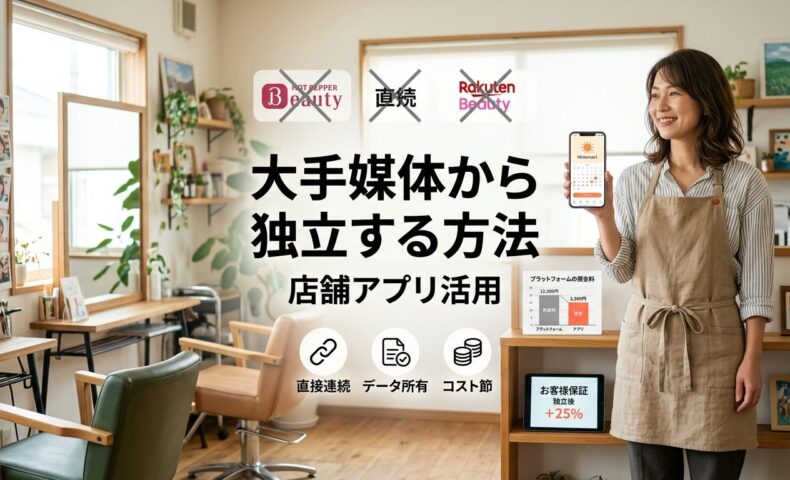 温かみのある地域の美容室で自信に満ちたサロンオーナーがスマートフォンで自店専用の予約アプリを確認し、背景には木製家具と植物のある居心地の良い地域密着型サロン内装が見えるプラットフォーム独立の様子