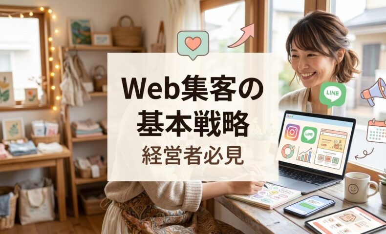 明るくかわいい雰囲気のカフェで日本人女性経営者がノートパソコンでカラフルなWebマーケティングダッシュボードを確認しながら笑顔で、背景には植物と温かい装飾の居心地の良い店舗内装が見える親しみやすいビジネス環境