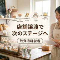 明るくかわいい日本のパン屋さんで女性オーナーがかわいいエプロン姿で若いパン職人と握手または書類を確認しながら笑顔で、背景には黄金色のパンが並ぶ素朴な木製棚とヴィンテージ装飾の魅力的なベーカリー内装が見える温かい事業承継の様子