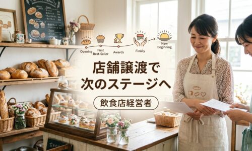明るくかわいい日本のパン屋さんで女性オーナーがかわいいエプロン姿で若いパン職人と握手または書類を確認しながら笑顔で、背景には黄金色のパンが並ぶ素朴な木製棚とヴィンテージ装飾の魅力的なベーカリー内装が見える温かい事業承継の様子