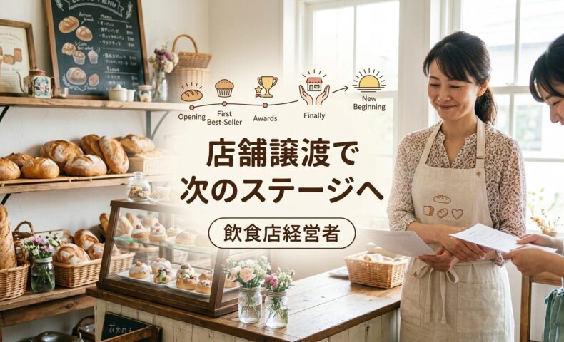 明るくかわいい日本のパン屋さんで女性オーナーがかわいいエプロン姿で若いパン職人と握手または書類を確認しながら笑顔で、背景には黄金色のパンが並ぶ素朴な木製棚とヴィンテージ装飾の魅力的なベーカリー内装が見える温かい事業承継の様子