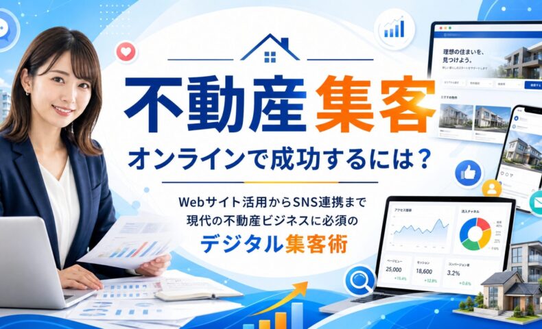 不動産オンライン集客の記事アイキャッチ画像。ノートPCと資料を持つ日本人女性ビジネスパーソン、住宅検索サイト風のPC画面、SNS画面、解析グラフ、住宅模型を配置し、中央に「不動産 集客 オンラインで成功するには？」の文字を大きく表示したデザイン。