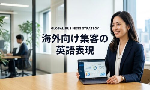 オフィスでPCの分析データを見せながら微笑む女性と「海外向け集客の英語表現」という文字
